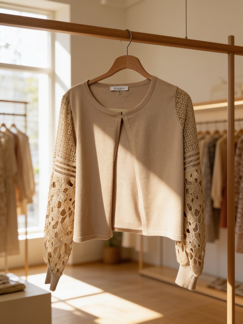 Sioni Milano Open Front Cardigan, Chochet Lace Sheer Sleeves, Sz M  Beige/Tan